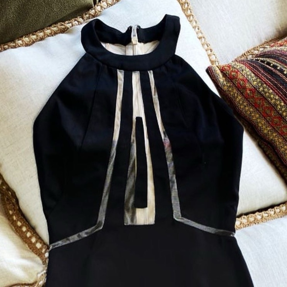 SEXY STRETCH BLACK & MESH MINI HALTER DRESS HOT COCKTAILS DANCER SIZE MEDIUM - Picture 5 of 5